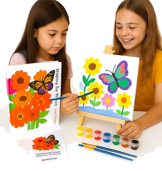 Two children reading and painting a Read & Paint kit